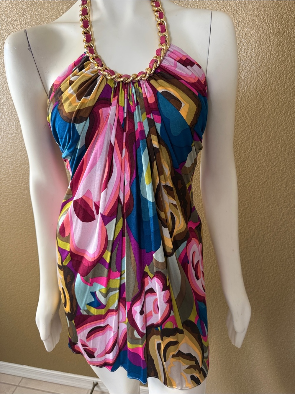 Sky Multicolor Chain-Neck Mini Dress - Pink, Blue, Gold, Brown